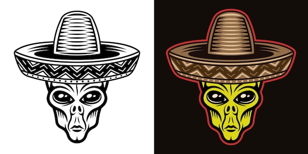 Alien head in sombrero hat vector illustration in two styles black on white and colorful on dark background