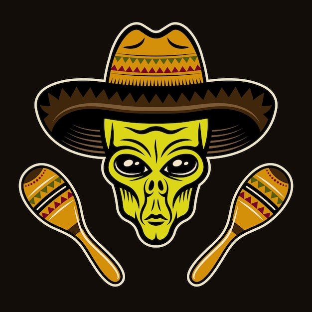 Alien head in sombrero and two maracas vector illustration in colorful cartoon style isolated on dark background