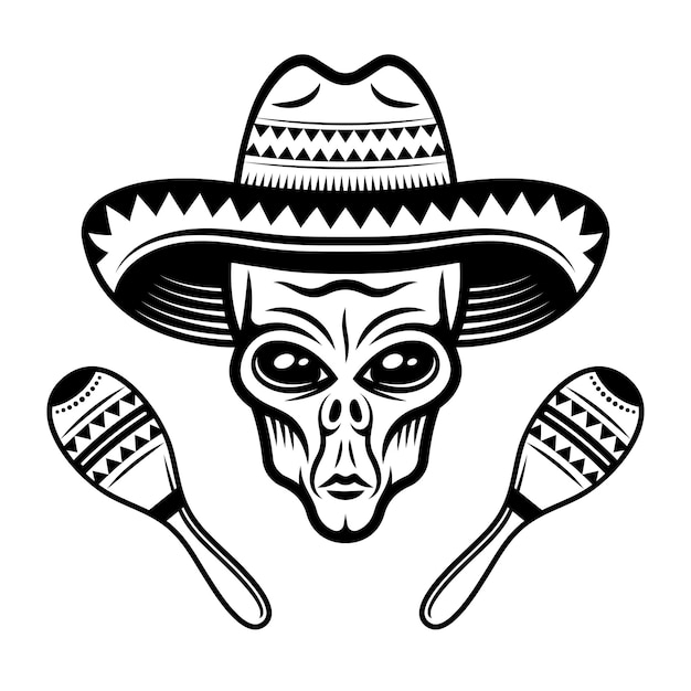 Alien head in sombrero and two maracas vector illustration in monochrome style isolated on white background