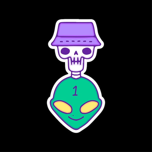 Alien head with skull wearing bucket hat, illustration for t-shirt, sticker