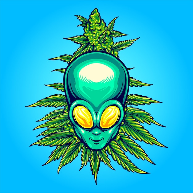 Alien head with weed plant illustrations