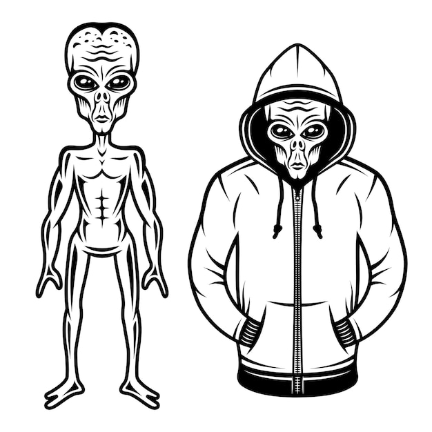 Alien in hoodie and full body alien set of vector objects or design elements in vintage style isolated on white background