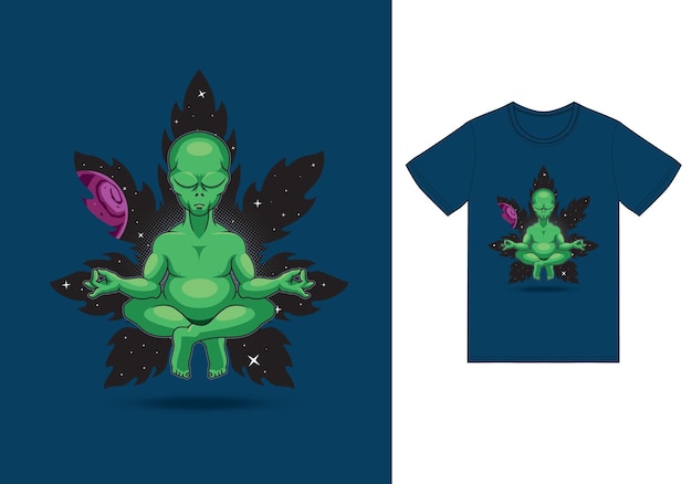 Alien meditasi yoga illustration with tshirt design premium vector The Concept of Isolated Technology. Flat Cartoon Style Suitable for Landing Web Pages, Banners, Flyers, Stickers, Cards