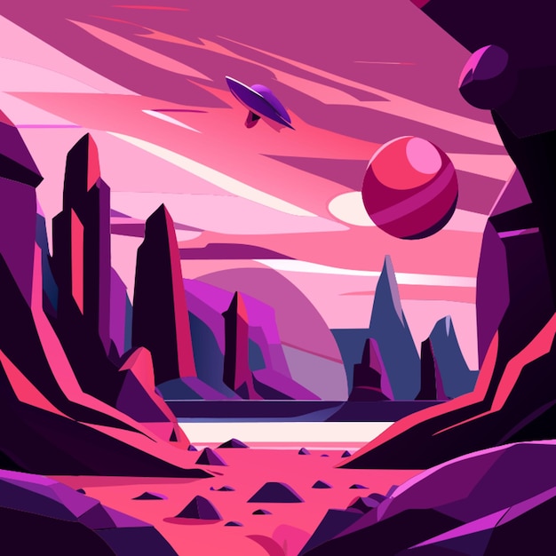 Vector alien planet cartoon space landscape with pink meteor rock desert ground vector background with