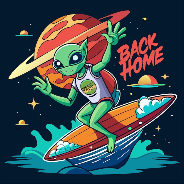 Alien sufferting on water with ufo back to home text tshirt sticker desgin