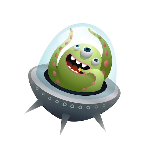 Alien UFO Cosmonaut in outer space funny cartoon kids character Little creature in outer space driving spacecraft Kids clipart isolated on white background Vector in watercolor style