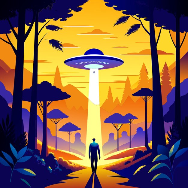 Vector alien walking towards his spaceship in the middle of a forest vector illustration flat 2