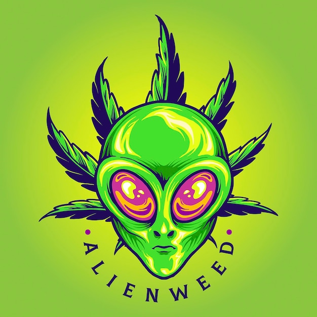 Alien Weed Cannabis Leaf Cartoon Vector illustrations for your work Logo, mascot merchandise t-shirt, stickers and Label designs, poster, greeting cards advertising business company or brands.