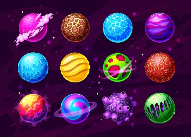 alien worlds in deep space cartoon set