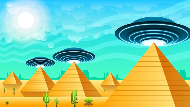 Aliens On Flying Saucers Background Gradient Unidentified Flying Object Ufo Pyramids