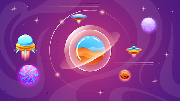 Aliens On Flying Saucers In Dark Space Planet Background Gradient Unidentified Flying Object UFO