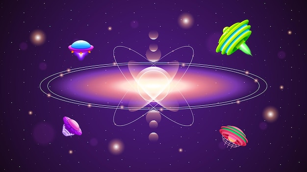 Aliens On Flying Saucers In Dark Space Planet Background Gradient Unidentified Flying Object UFO