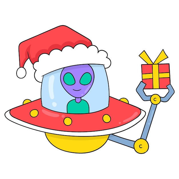 Aliens riding flying ufo celebrating christmas bringing gifts doodle icon image kawaii