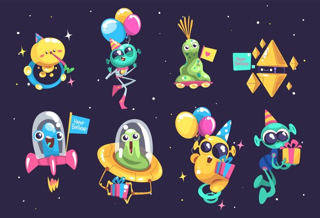 Vector aliens space party alien monster kid characters in extraterrestrial spaceship cute ufo cool little silly crazy creatures child birthday on outer spaces classy vector illustration