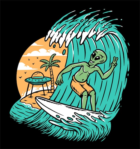 Aliens surfing on the beach illustration