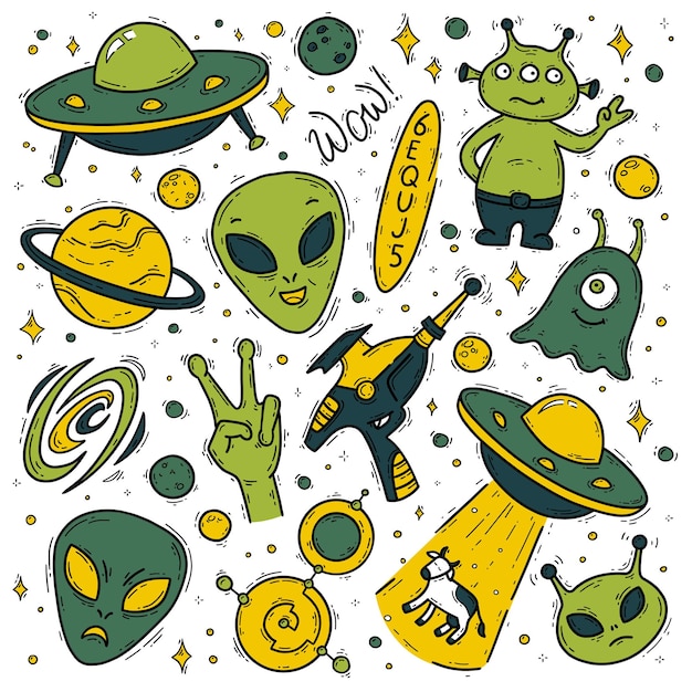 Aliens unidentified flying object UFO vector green doodle icons set