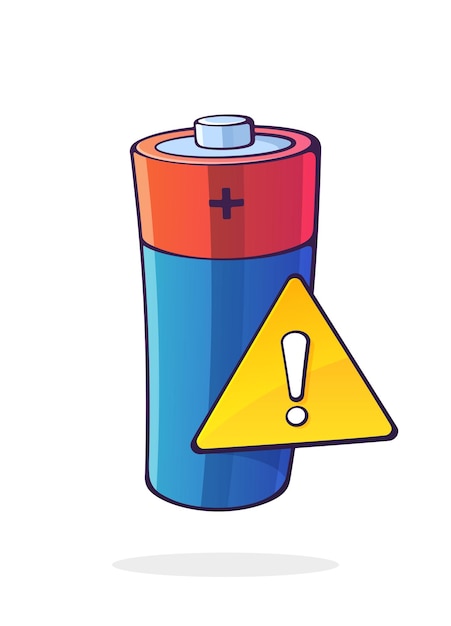 Alkaline electric battery with yellow warning sign Low accumulator warning Vector illustration