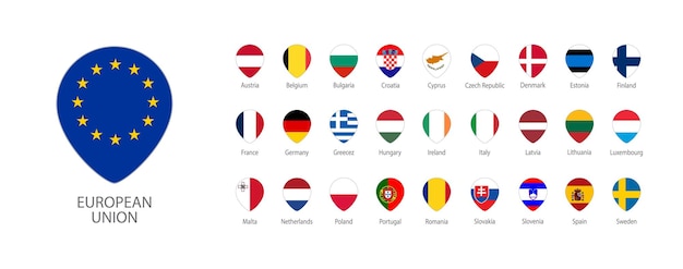 All Europe Flags pin shape with shadow buttons isolated on white