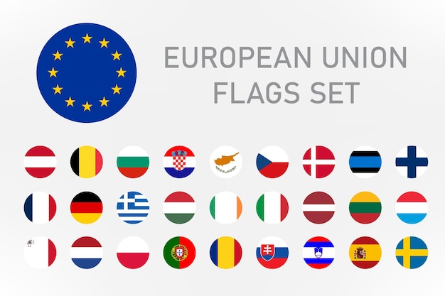 All Europe Flags round shape with shadow buttons isolated on white