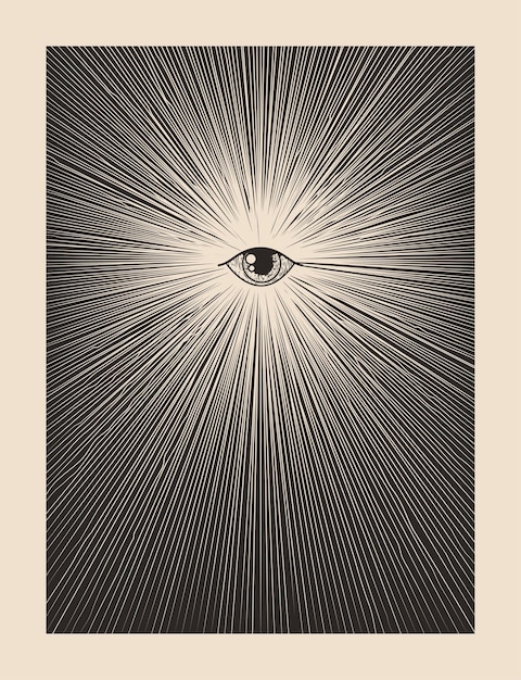 All seeing god eye vintage mystic mason print poster design template with eye surrounded sunburst