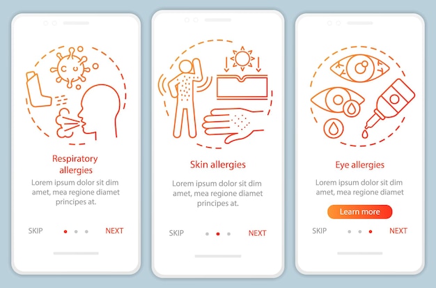 Allergy symptom types onboarding mobile app page screen vector template