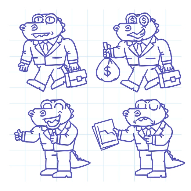 Alligator businessman set doodle part two. Hand drawn character. Vector Illustration