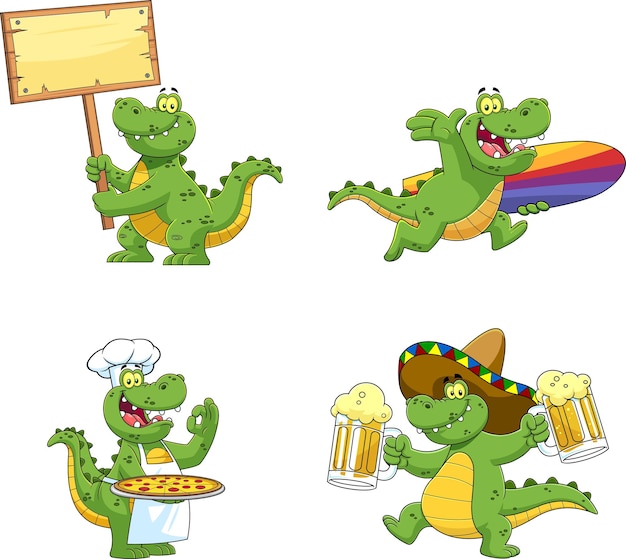 Alligator Or Crocodile Cartoon Character Different Poses. Vector Hand Drawn Collection Set