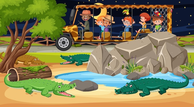 Alligator group in Safari scene with children in the tourist car