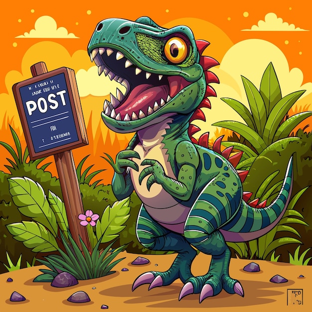 Allosaurus dinosaur in shock reading post office Sun vector