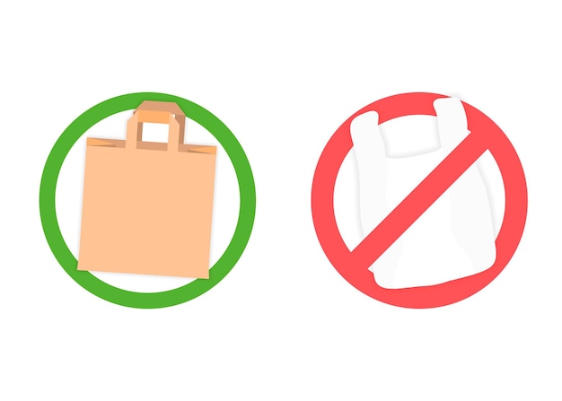 Allowed paper bag and forbidden plastic bags. Zero Waste, No Plastic. paper bag against not degradable plastic. Vector illustration