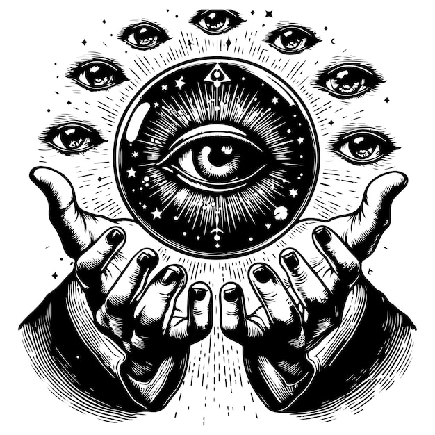 Allseeing eye in a magic ball and hands holding eye providing eyes Hand drawn vector illustration