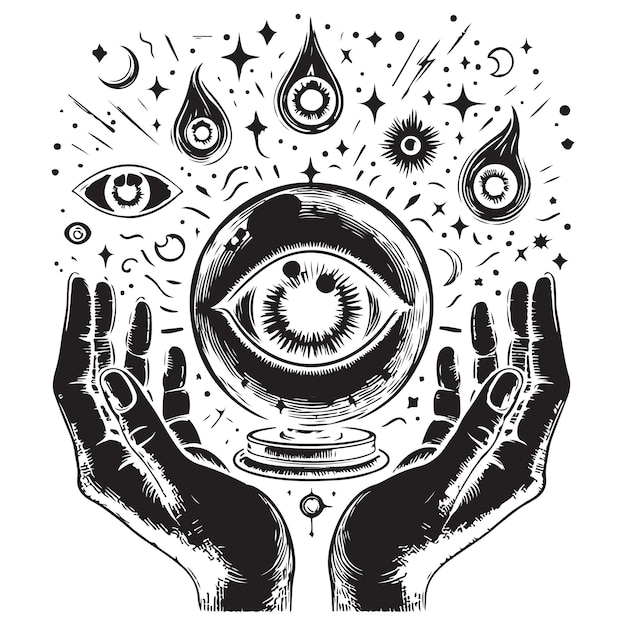 Allseeing eye in a magic ball and hands holding eye providing eyes Hand drawn vector illustration