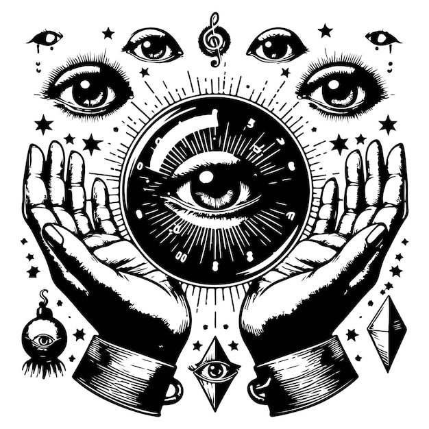 Allseeing eye in a magic ball and hands holding eye providing eyes Hand drawn vector illustration