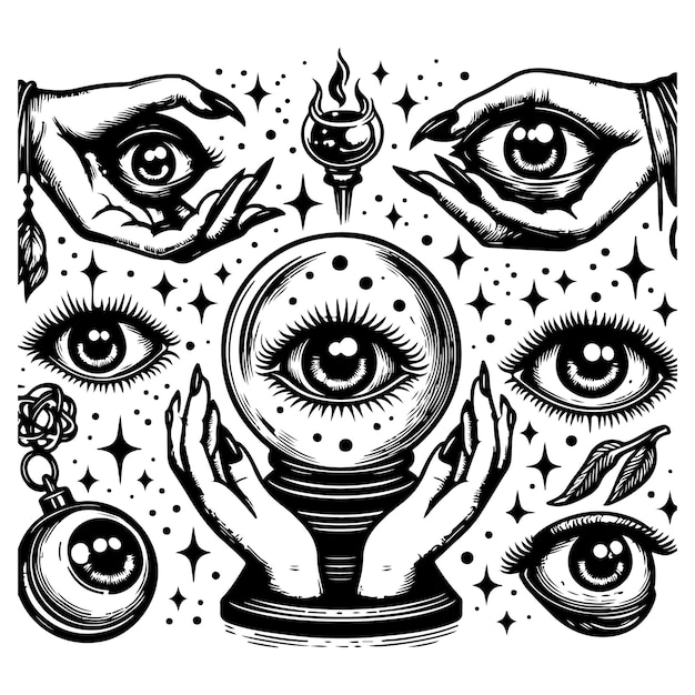 Allseeing eye in a magic ball and hands holding eyeproviding eyes Hand drawn vector illustration