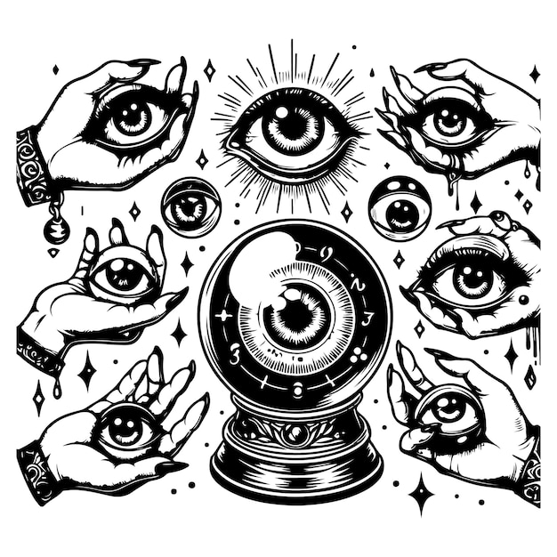 Allseeing eye in a magic ball and hands holding eyeproviding eyes Hand drawn vector illustration