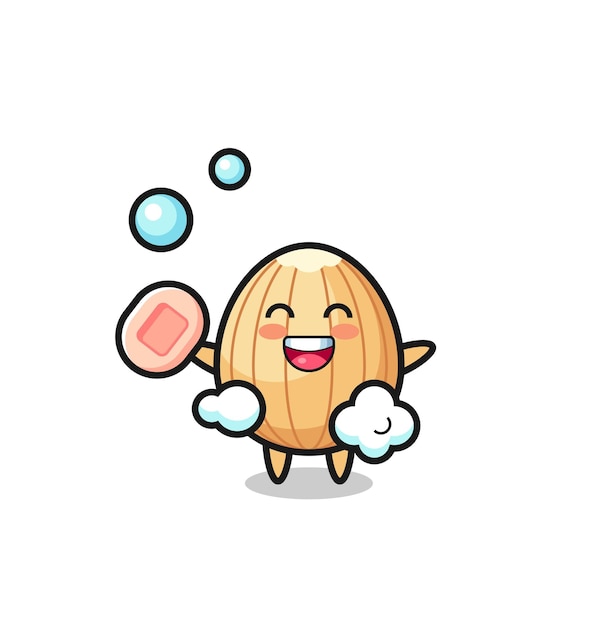 Almond character is bathing while holding soap