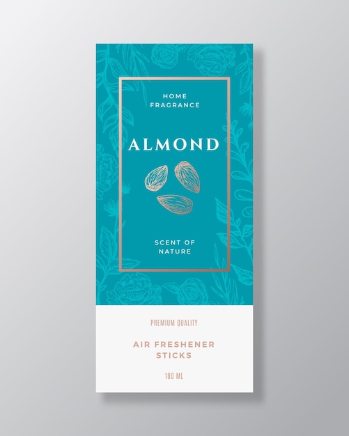 Almond Home Fragrance Abstract Vector Label Template Hand Drawn Sketch Nuts Flowers Leaves Background and Retro Typography Premium Room Perfume Packaging Design Layout Realistic Mockup