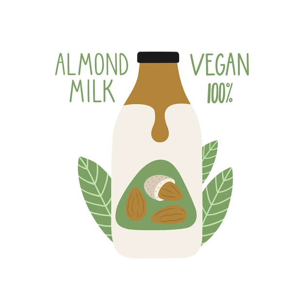 Almond milk in a cartoon bottle Vegan milk Packaging