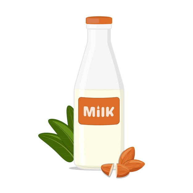 Almond milk in a glass bottle Vegan product Lactose free Flat illustration