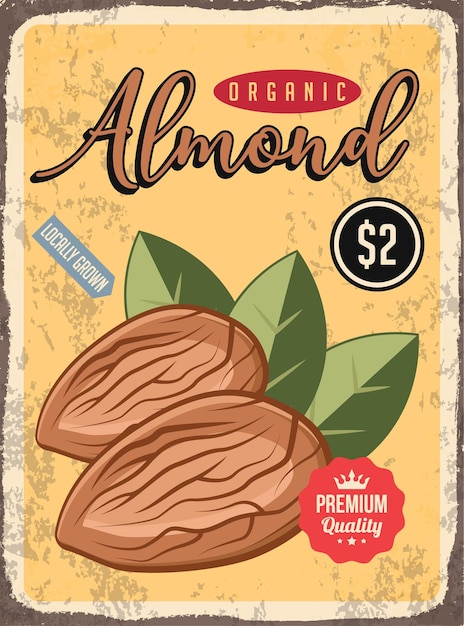 Almond nuts rusty plate vegetable food market retro vector poster