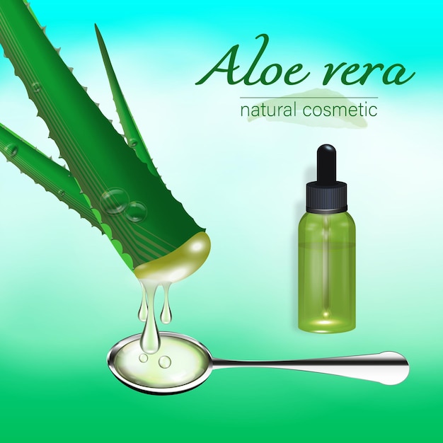 Aloe vera plant with flowing juice and a glass dropper bottle Layout of collagen serum packaging Poster template with advertising of cosmetic products for beauty Realistic 3d vector illustration