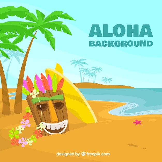 Aloha background with hawaiian mask on the beach