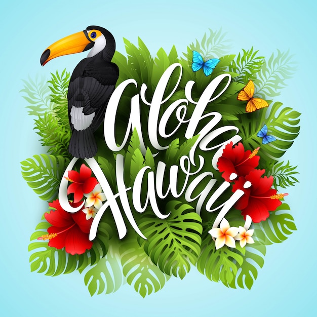 Aloha Hawaii. Hand lettering with exotic flowers. illustration