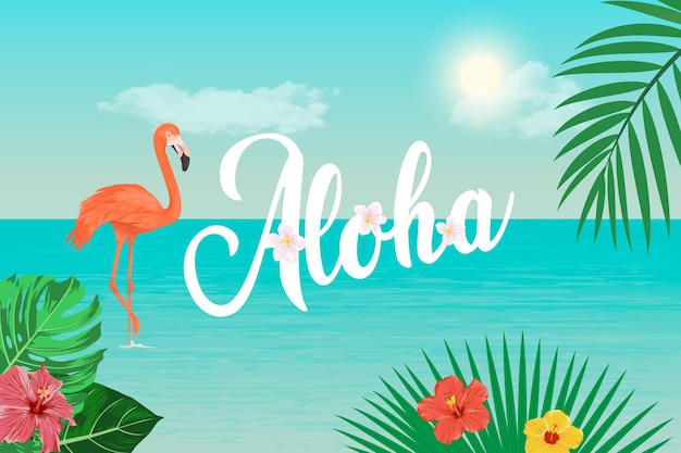 Aloha Vector Banner Card with Tropic Leaves Flamingo Flowers Tropical Background Vector Illustration Exotic Summer Tropic Concept Design for Invitation Announcement Poster Advertisement