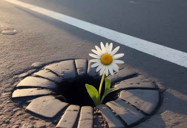 Alone camomile flower on a road in black asphalt