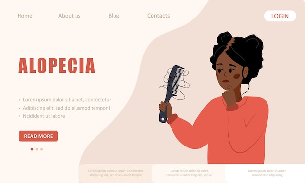 Vector alopecia concept landing page template sad african woman loses hair baldness disease