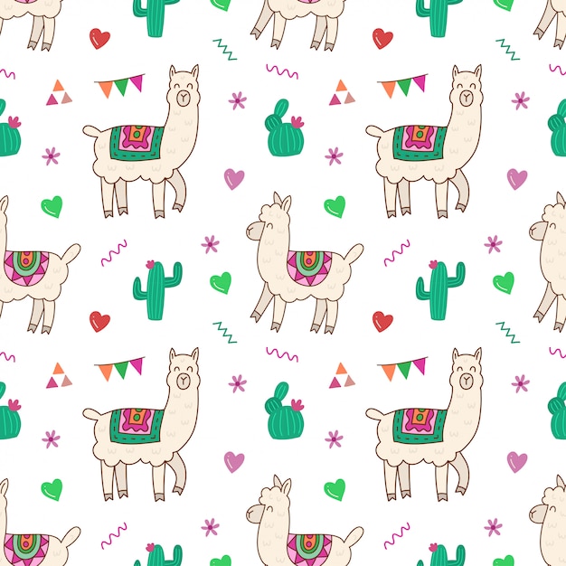 alpaca, cactus and floral seamless pattern.