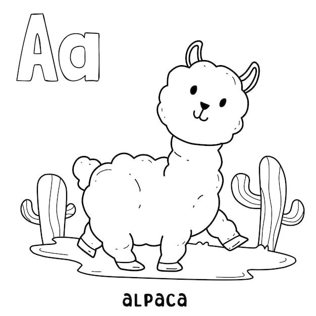 Alphabet animal alpaca for coloring with word hand drawn letter animal cartoon