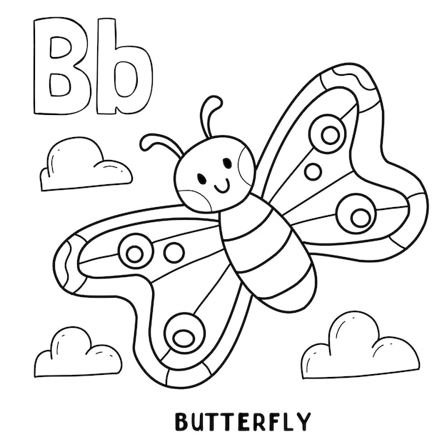 Alphabet animal butterfly for coloring with word hand drawn letter animal cartoon