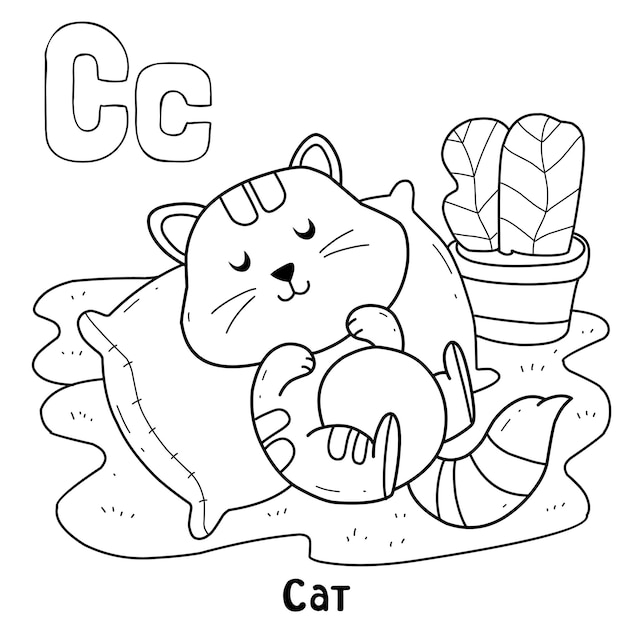 Alphabet animal cat for coloring with word hand drawn letter animal cartoon